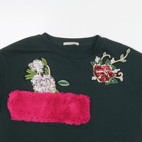 Zara Womens Green Polyester Basic T-Shirt Size S Round Neck - Flower