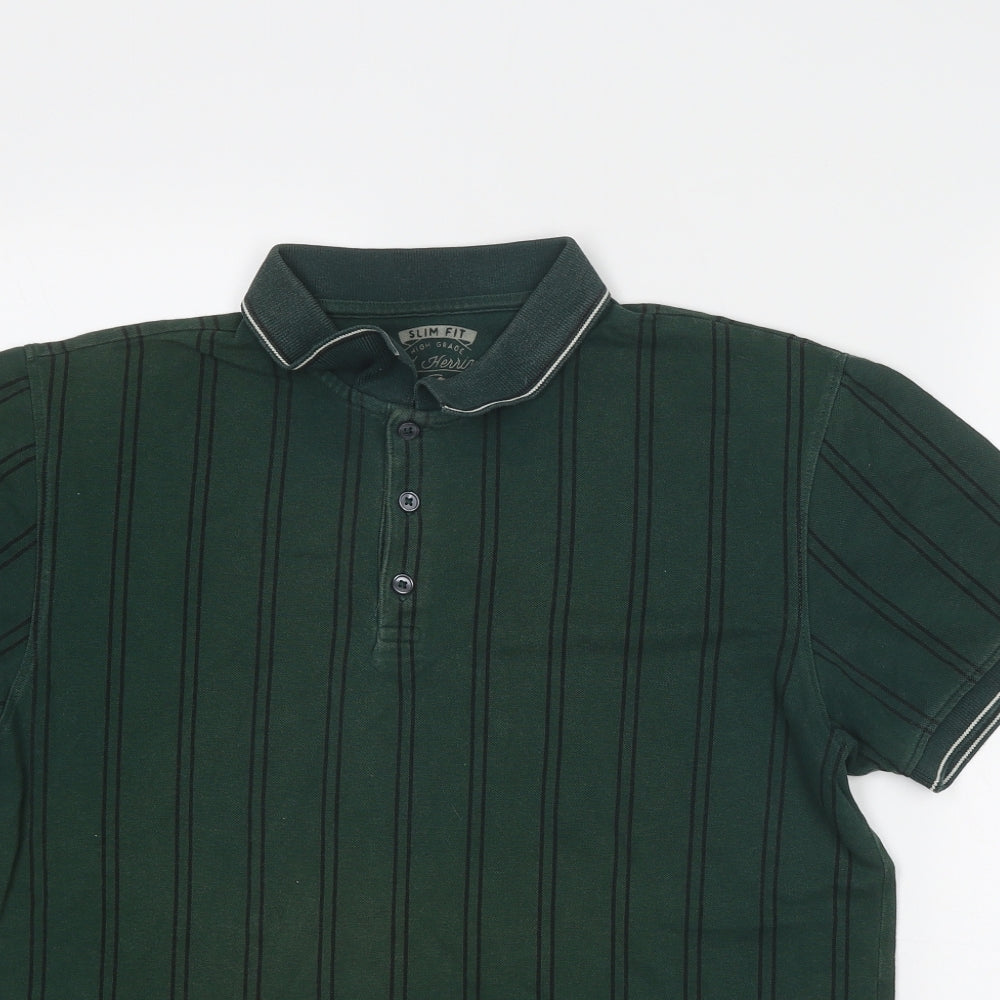 Red Herring Mens Green Striped Cotton Polo Size M Collared Button