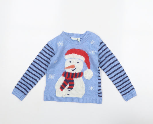 JoJo Maman Bébé Boys Blue Round Neck Striped Wool Pullover Jumper Size 3-4 Years Button - Snowman Christmas