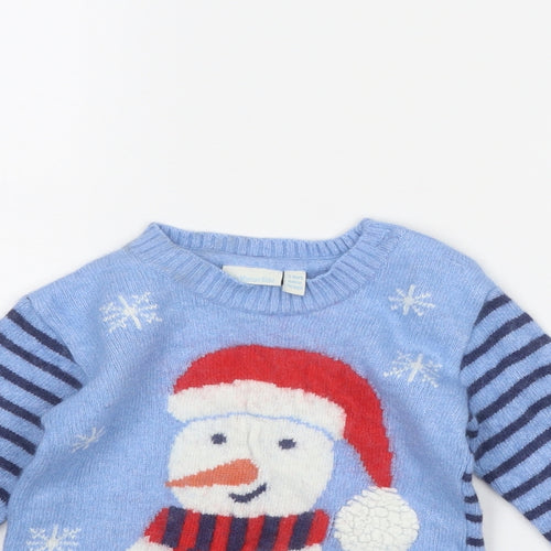 JoJo Maman Bébé Boys Blue Round Neck Striped Wool Pullover Jumper Size 3-4 Years Button - Snowman Christmas