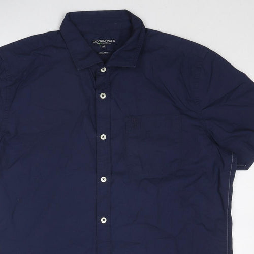 Woodland Mens Blue Cotton Button-Up Size M Collared Button
