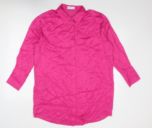 Bershka Womens Pink Viscose Shirt Dress Size L Collared Button