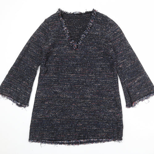 Zara Womens Black Geometric Cotton Jumper Dress Size M V-Neck Pullover