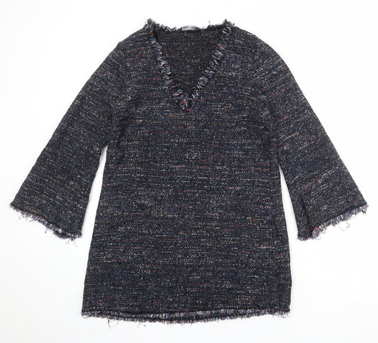 Zara Womens Black Geometric Cotton Jumper Dress Size M V-Neck Pullover