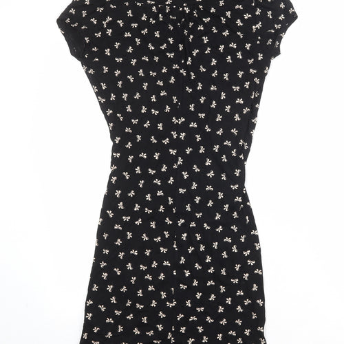 Warehouse Womens Black Geometric Viscose Bodycon Size 10 V-Neck Pullover - Bow Print Wrap Style