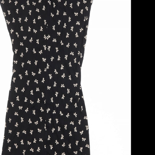 Warehouse Womens Black Geometric Viscose Bodycon Size 10 V-Neck Pullover - Bow Print Wrap Style