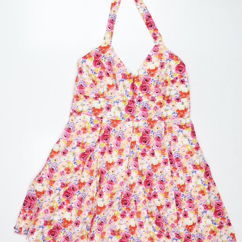 Debenhams Womens Multicoloured Floral Cotton A-Line Size 16 V-Neck Zip