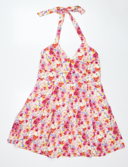 Debenhams Womens Multicoloured Floral Cotton A-Line Size 16 V-Neck Zip
