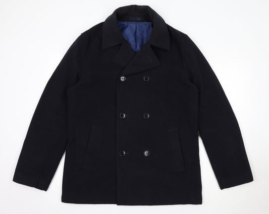 Marks and Spencer Mens Blue Pea Coat Coat Size M Button