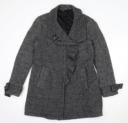 Diane von Furstenberg Womens Black Geometric Overcoat Coat Size 8 Snap