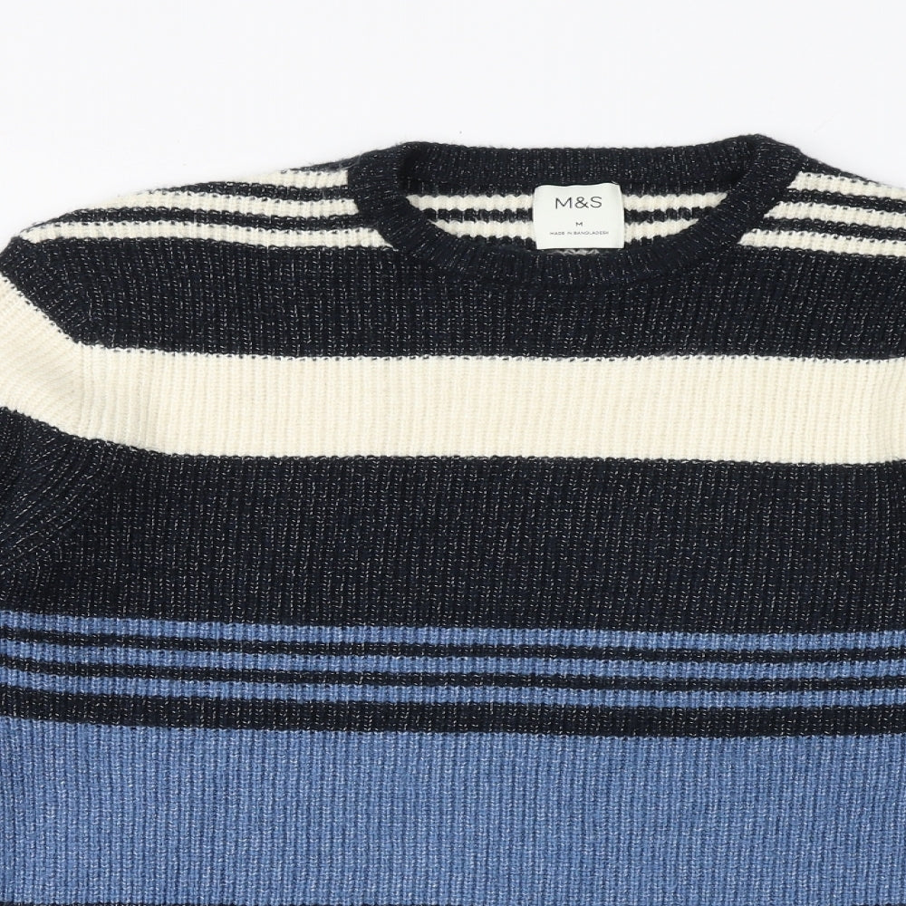Marks and Spencer Mens Multicoloured Round Neck Striped Acrylic Pullover Jumper Size M Long Sleeve