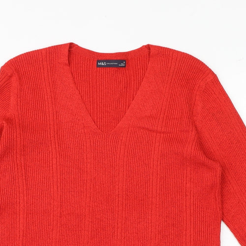 Marks and Spencer Womens Red V-Neck Viscose Pullover Jumper Size 14