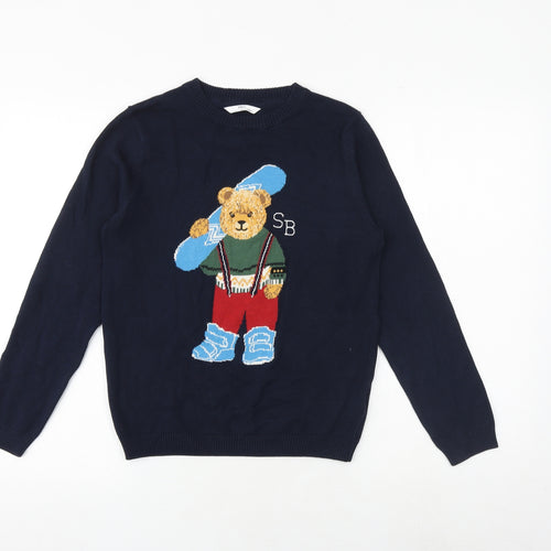 Marks and Spencer Boys Blue Round Neck 100% Cotton Pullover Jumper Size 11-12 Years Pullover - Teddy Bear