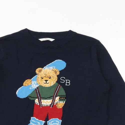 Marks and Spencer Boys Blue Round Neck 100% Cotton Pullover Jumper Size 11-12 Years Pullover - Teddy Bear