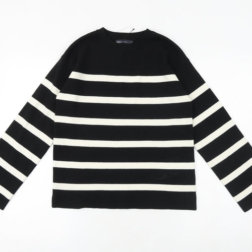 Marks and Spencer Womens Black Round Neck Striped Cotton Pullover Jumper Size S