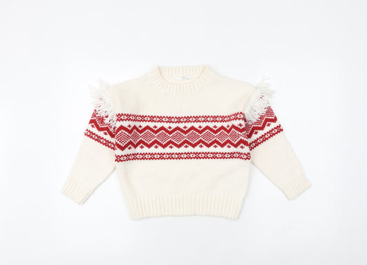 Marks and Spencer Girls Ivory Round Neck Geometric Acrylic Pullover Jumper Size 7-8 Years Pullover