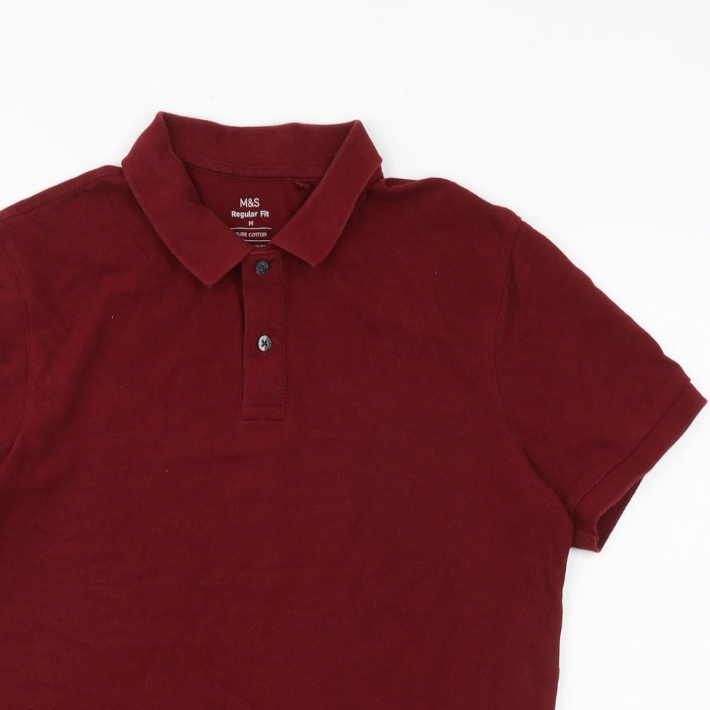 Marks and Spencer Mens Red 100% Cotton Polo Size M Collared Button