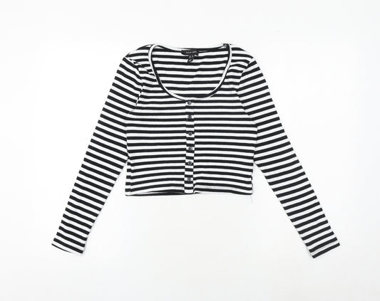 New Look Womens Black Striped Cotton Basic T-Shirt Size 10 Round Neck