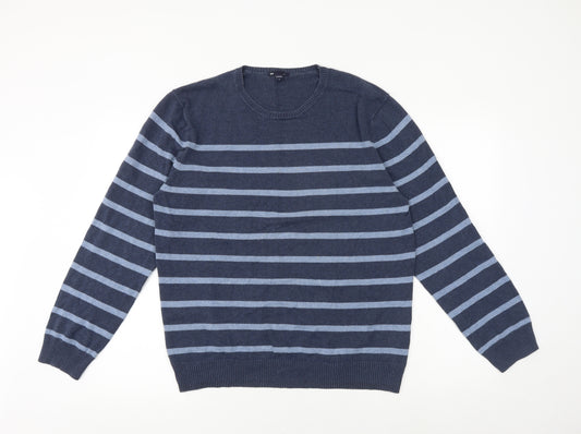 Gap Mens Blue Round Neck Striped Cotton Pullover Jumper Size L Long Sleeve