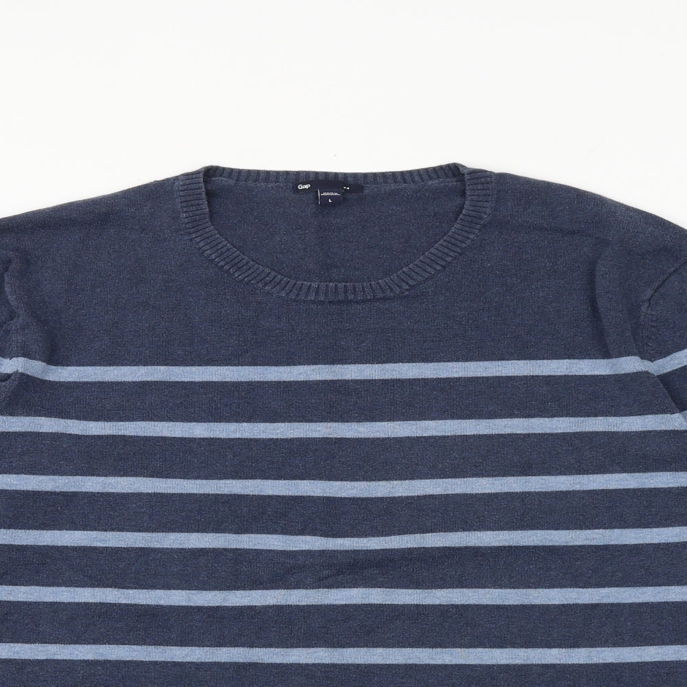 Gap Mens Blue Round Neck Striped Cotton Pullover Jumper Size L Long Sleeve