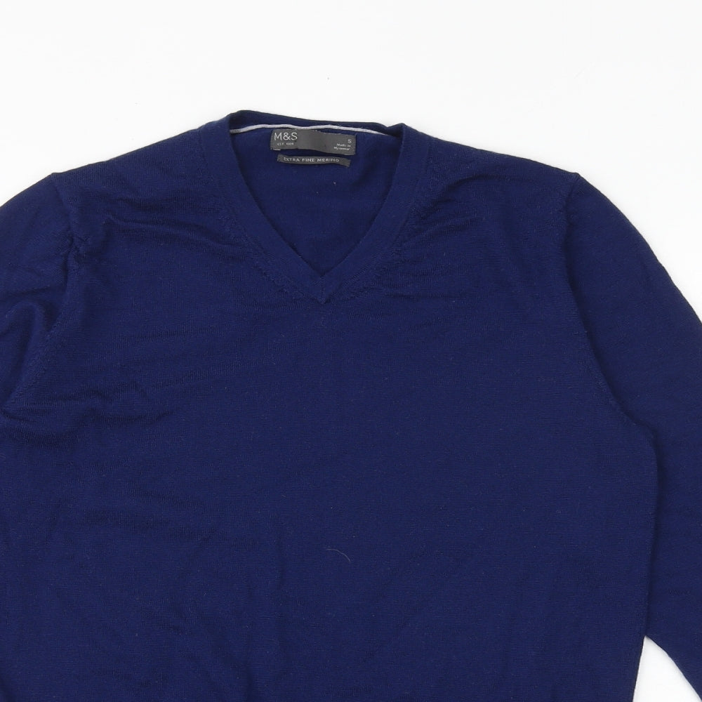 Marks and Spencer Mens Blue V-Neck Acrylic Pullover Jumper Size S Long Sleeve