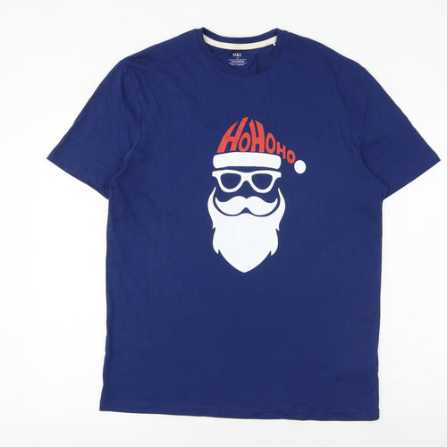 Marks and Spencer Mens Blue Cotton T-Shirt Size M Round Neck - Father Christmas HO HO HO