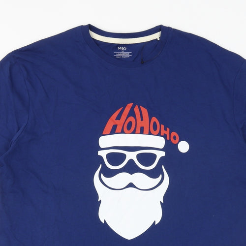 Marks and Spencer Mens Blue Cotton T-Shirt Size M Round Neck - Father Christmas HO HO HO
