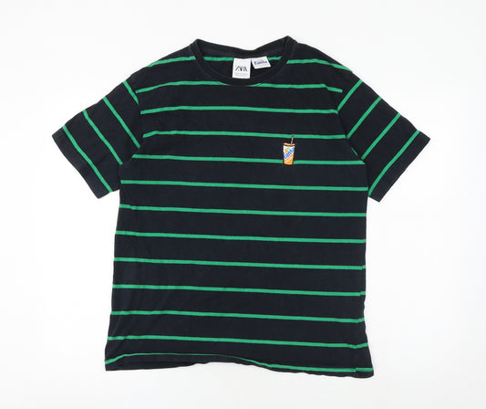 Zara Mens Black Striped Cotton T-Shirt Size M Round Neck - Fanta