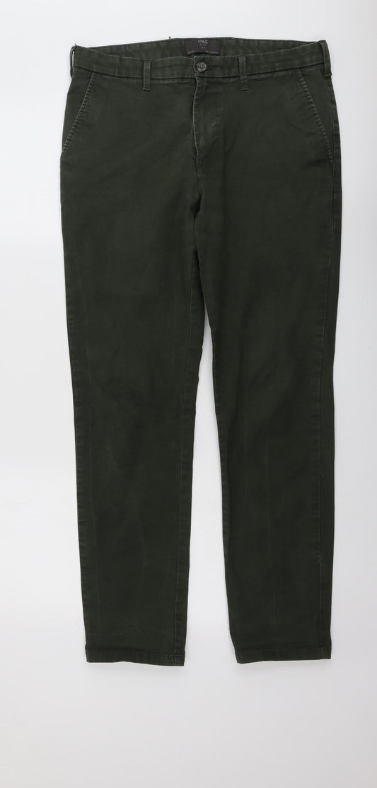 Marks and Spencer Mens Green Cotton Chino Trousers Size 32 in L31 in Regular Button