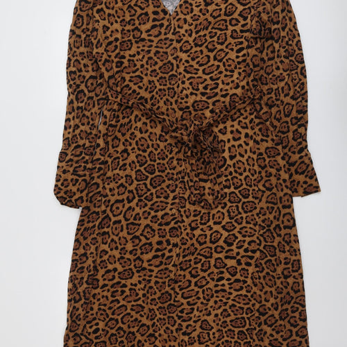 H&M Womens Brown Animal Print Viscose Shirt Dress Size M Collared Button - Leopard Print