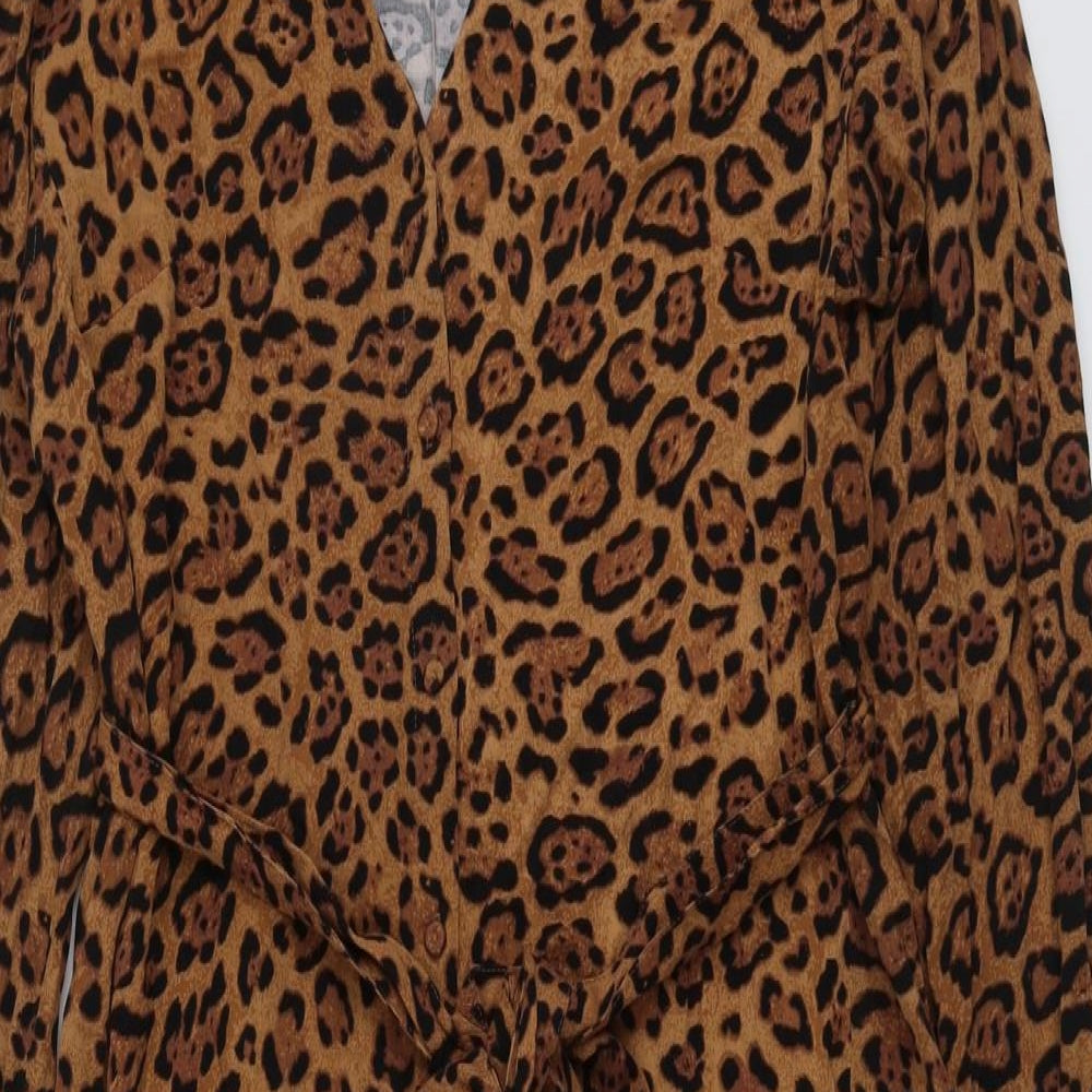 H&M Womens Brown Animal Print Viscose Shirt Dress Size M Collared Button - Leopard Print