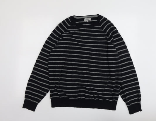 Marks and Spencer Mens Blue Round Neck Striped Cotton Pullover Jumper Size L Long Sleeve