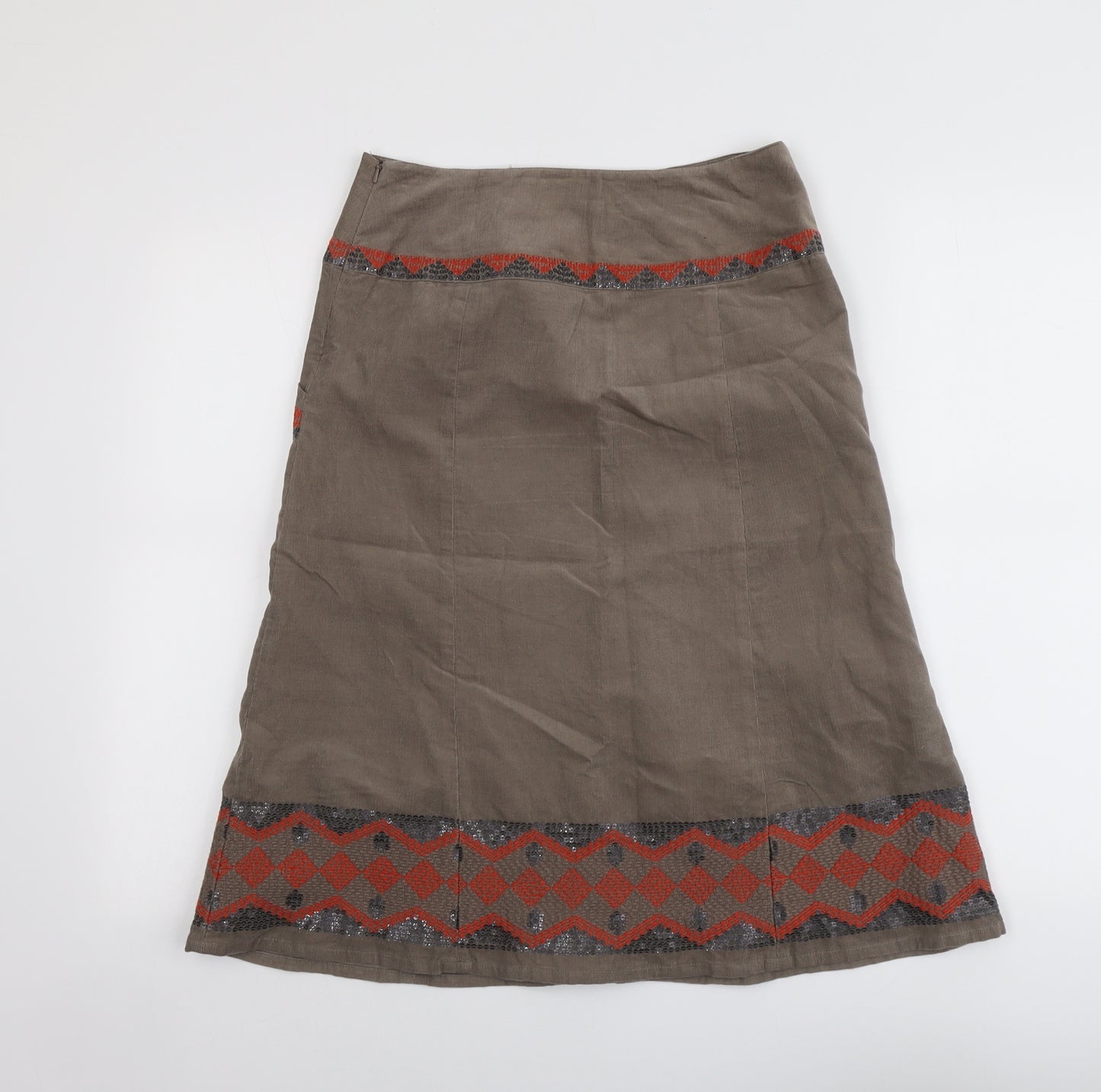 Monsoon Womens Brown Geometric Cotton A-Line Skirt Size 8 Zip
