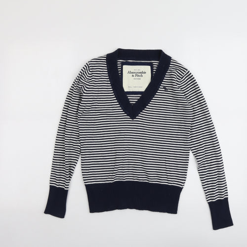 Abercrombie & Fitch Womens Blue V-Neck Striped Cotton Pullover Jumper Size S