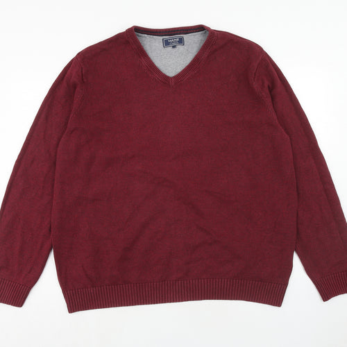 Maine Mens Red V-Neck Cotton Pullover Jumper Size 2XL Long Sleeve
