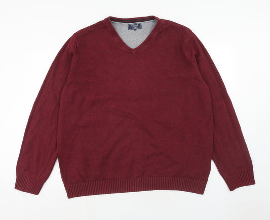 Maine Mens Red V-Neck Cotton Pullover Jumper Size 2XL Long Sleeve