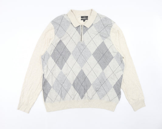 Marks and Spencer Mens Beige Collared Argyle/Diamond Cotton Pullover Jumper Size L Long Sleeve