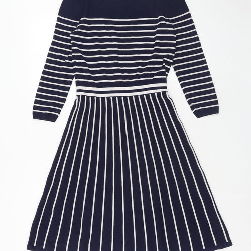 Paul Costelloe Womens Blue Striped Viscose Jumper Dress Size 10 Boat Neck Pullover