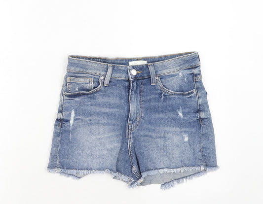 H&M Womens Blue Cotton Hot Pants Shorts Size 12 Regular Zip - Distressed Look