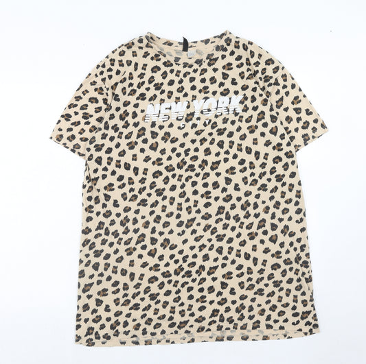 H&M Womens Brown Animal Print Cotton Basic T-Shirt Size 14 Round Neck - New York, Leopard Print
