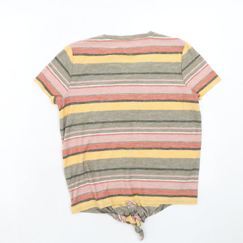 Texture & Thread Womens Multicoloured Striped Cotton Basic T-Shirt Size S Round Neck - Knot Front