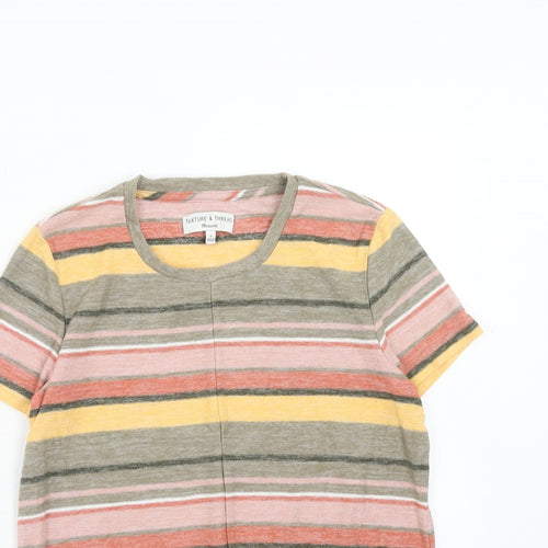 Texture & Thread Womens Multicoloured Striped Cotton Basic T-Shirt Size S Round Neck - Knot Front