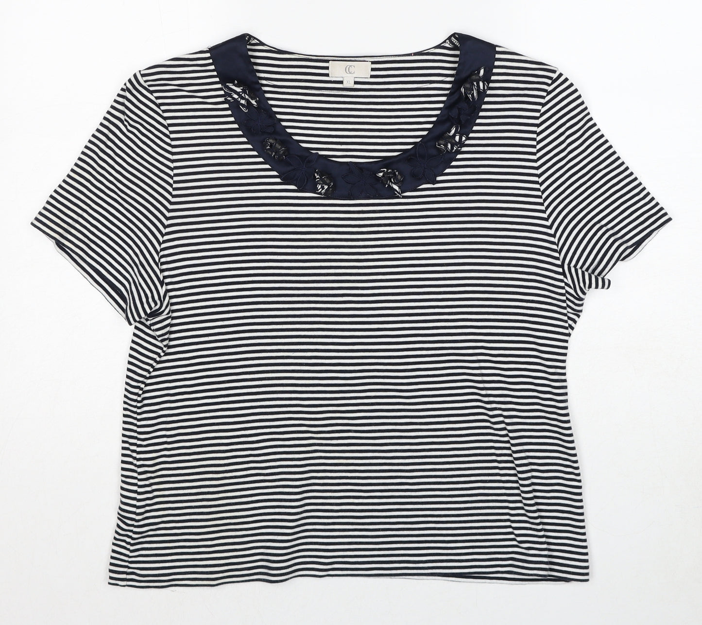 Country Casuals Womens Black Striped Cotton Basic T-Shirt Size XL Scoop Neck - Neckline Detail