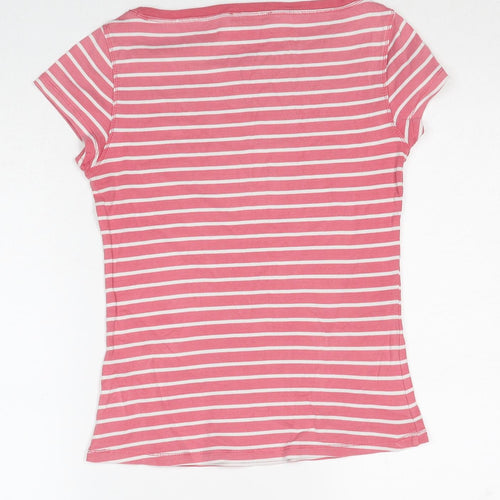 Marks and Spencer Womens Pink Striped Cotton Basic T-Shirt Size 10 Boat Neck