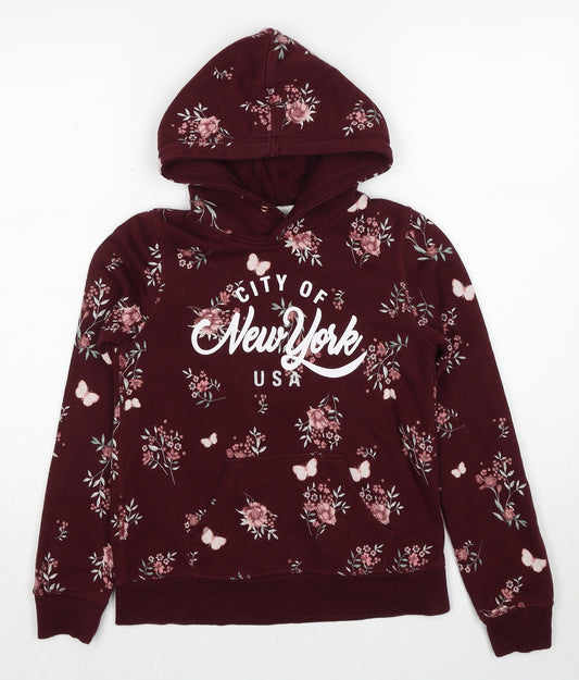 H&M Girls Red Floral Cotton Pullover Hoodie Size 10-11 Years Pullover - Age 10-12 Years City Of New York USA