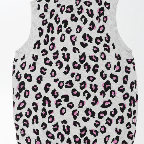 NEXT Womens Grey Round Neck Animal Print Viscose Vest Jumper Size M - Leopard Print