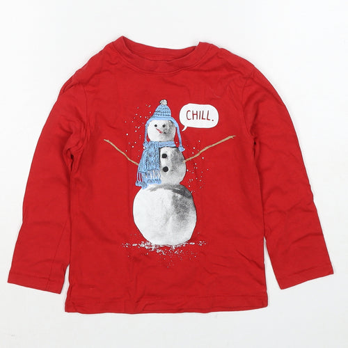 Gap Boys Red Cotton Basic T-Shirt Size 4 Years Round Neck Pullover - Snowman Christmas