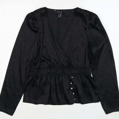 New Look Womens Black Geometric Polyester Basic Blouse Size 14 V-Neck