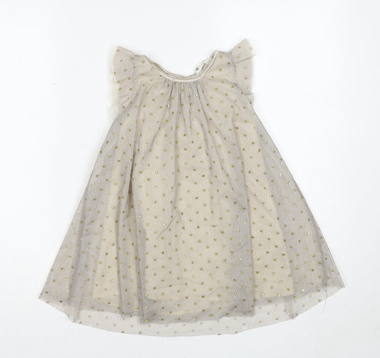 H&M Girls Beige Polka Dot Polyester A-Line Size 3-4 Years Round Neck Button - Mesh Overlay