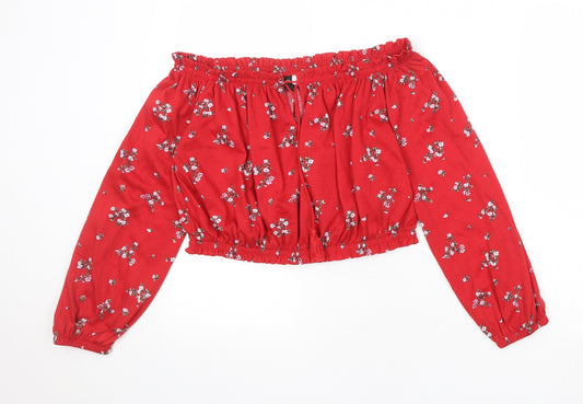 Divided by H&M Womens Red Floral Polyester Cropped Blouse Size L Off the Shoulder